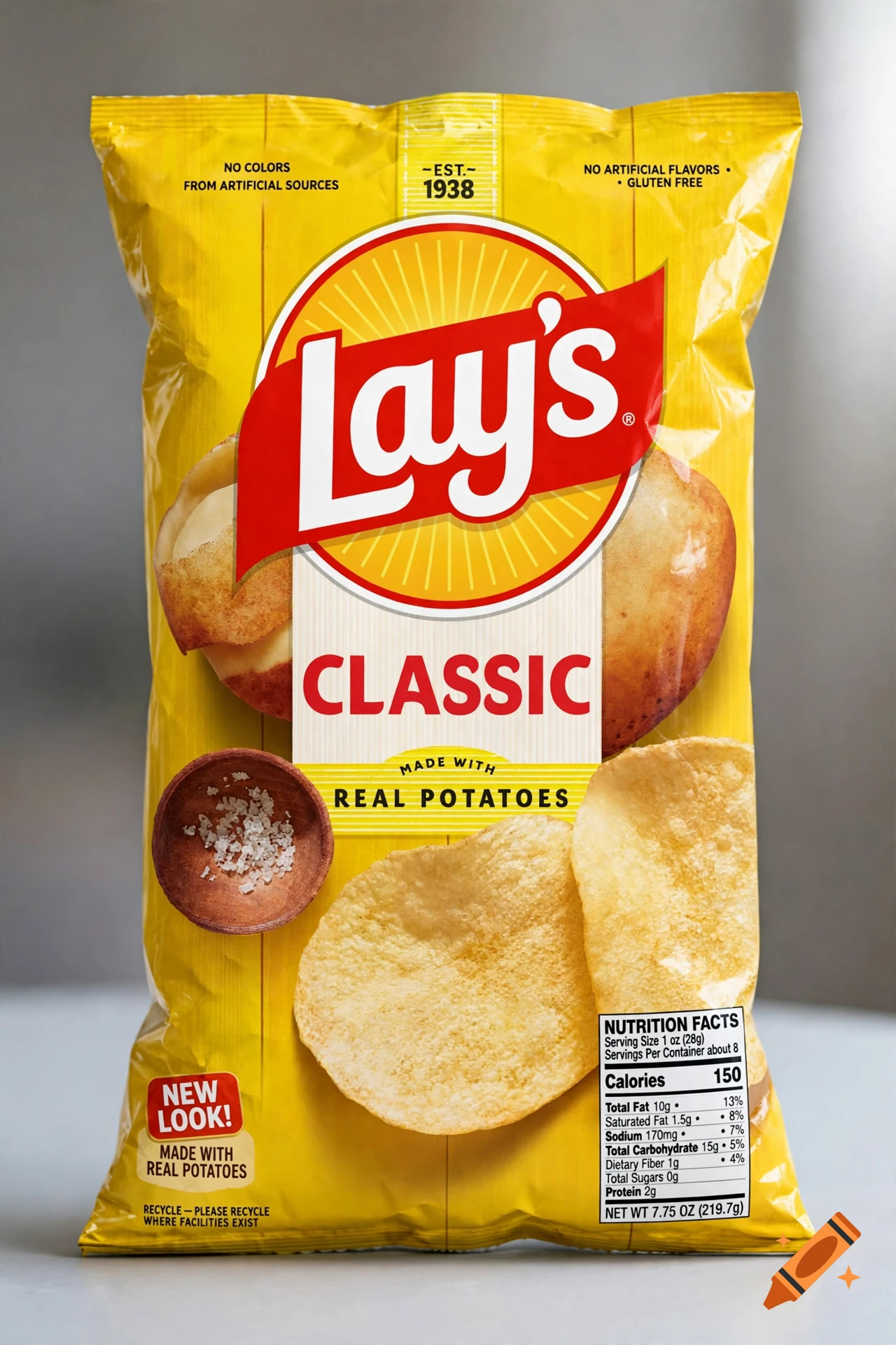 Photorealistic image of a yellow Lay's Classic potato chips bag with nutrition facts and a bowl of salt on a surface.