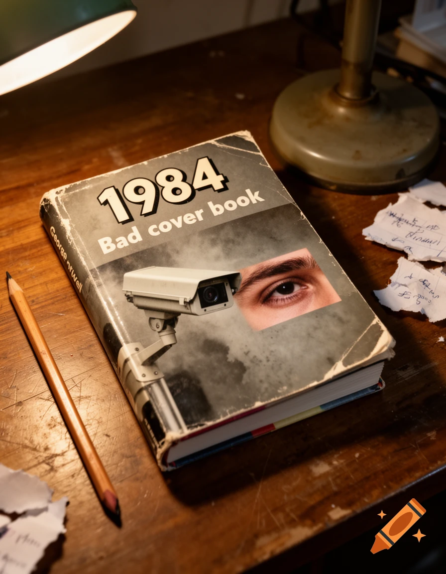 A photorealistic close-up of a well-worn book titled 1984 Bad Cover Book on a wooden desk next to a lamp and a pencil.