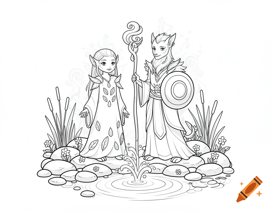 Black and white line art coloring book page featuring a female elf guardian and a male beast-kin water protector standing by a pond.