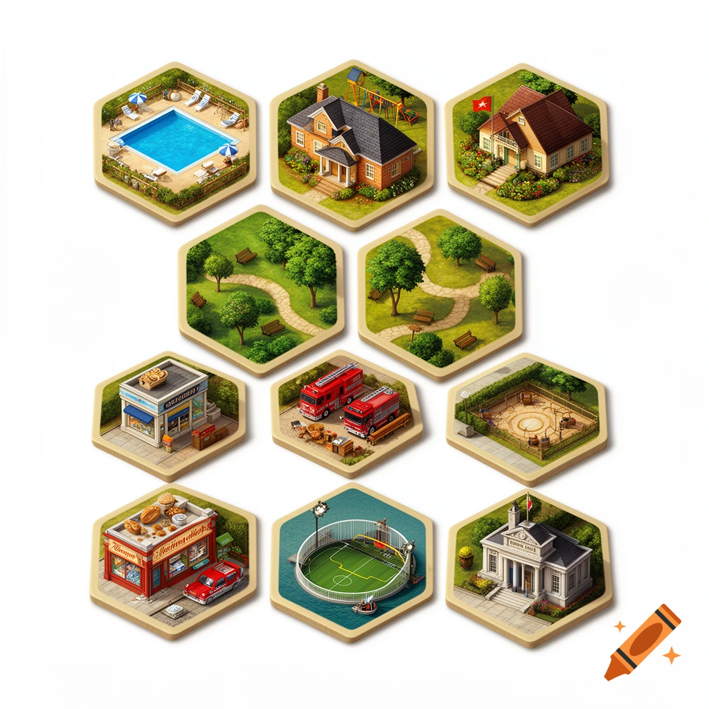 Top-down view of hexagonal tiles featuring various isometric buildings like a pool, houses, parks, and a bakery.
