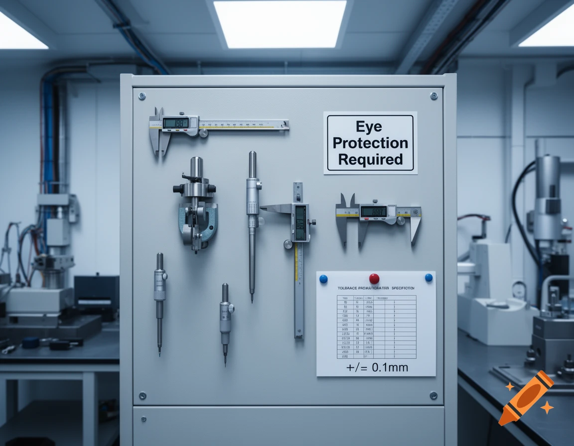 Photorealistic image of a metrology laboratory wall mounted with precision measuring instruments and safety signs.