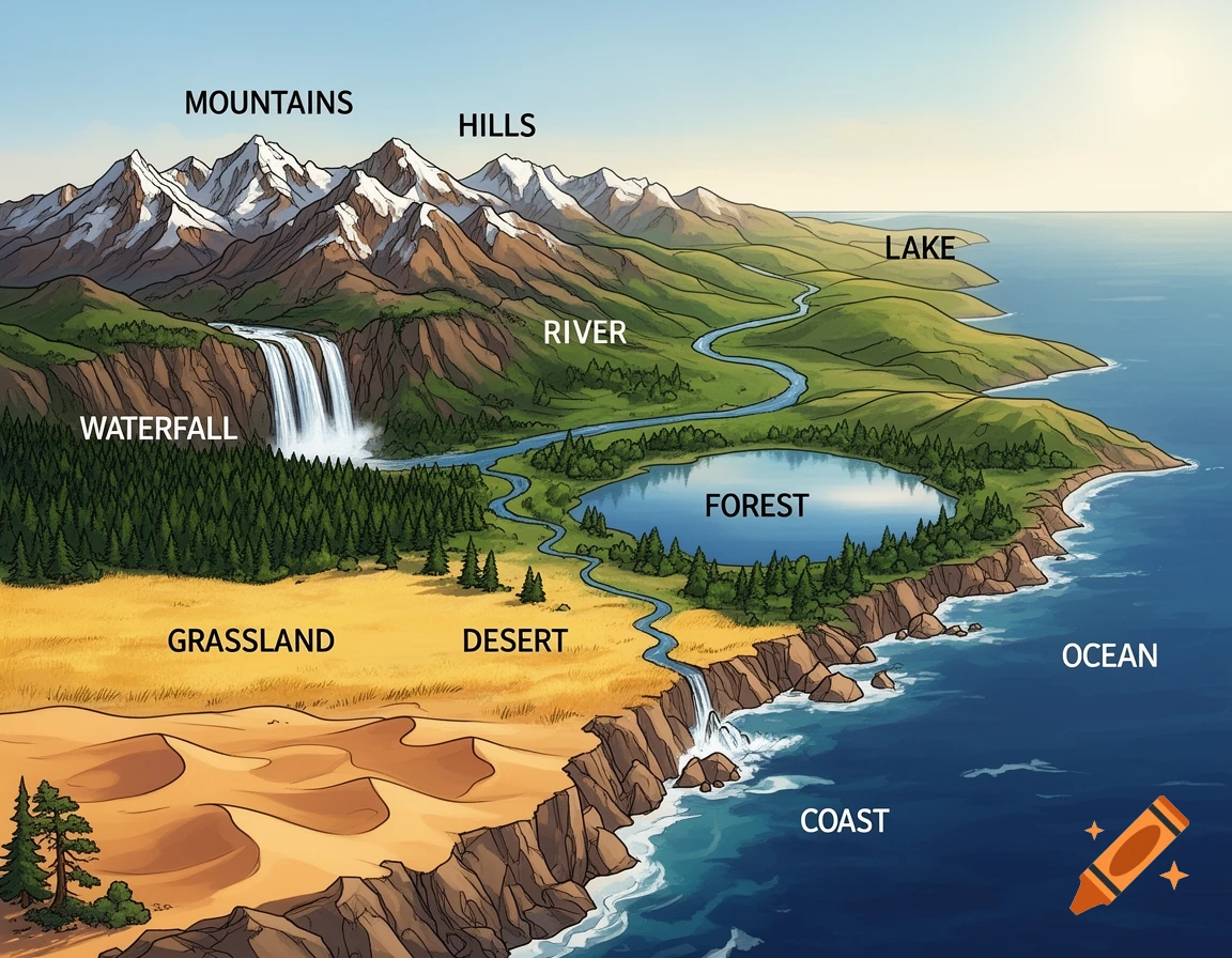 Educational illustration showing physical geography features like mountains, river, lake, forest, desert, and ocean with labels.