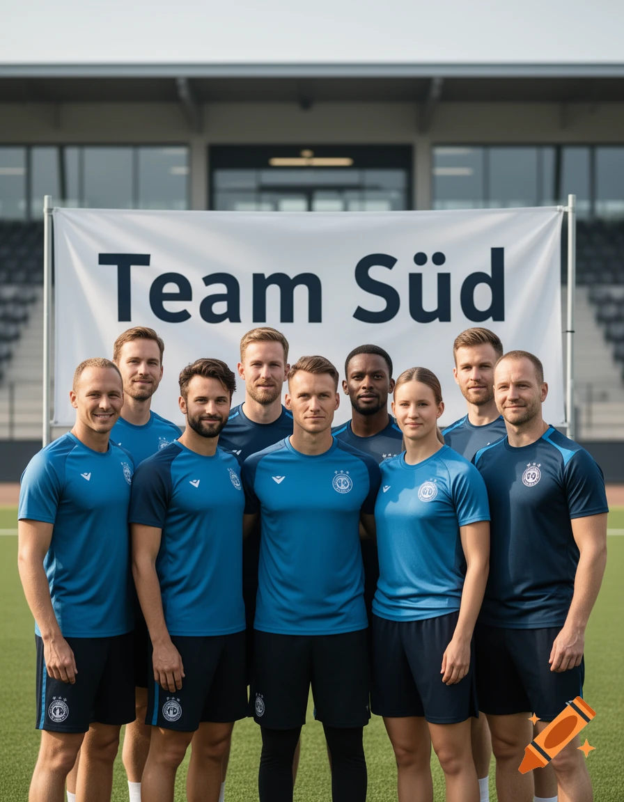 Photorealistic group portrait of a mixed gender sports team standing in front of a banner that reads Team Süd.
