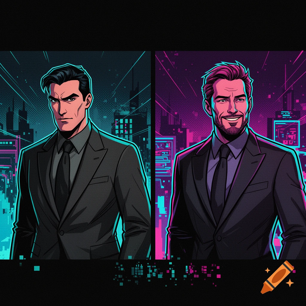 Two men in business suits against a neon retro comic background, 1990s cartoon style split-screen portrait.