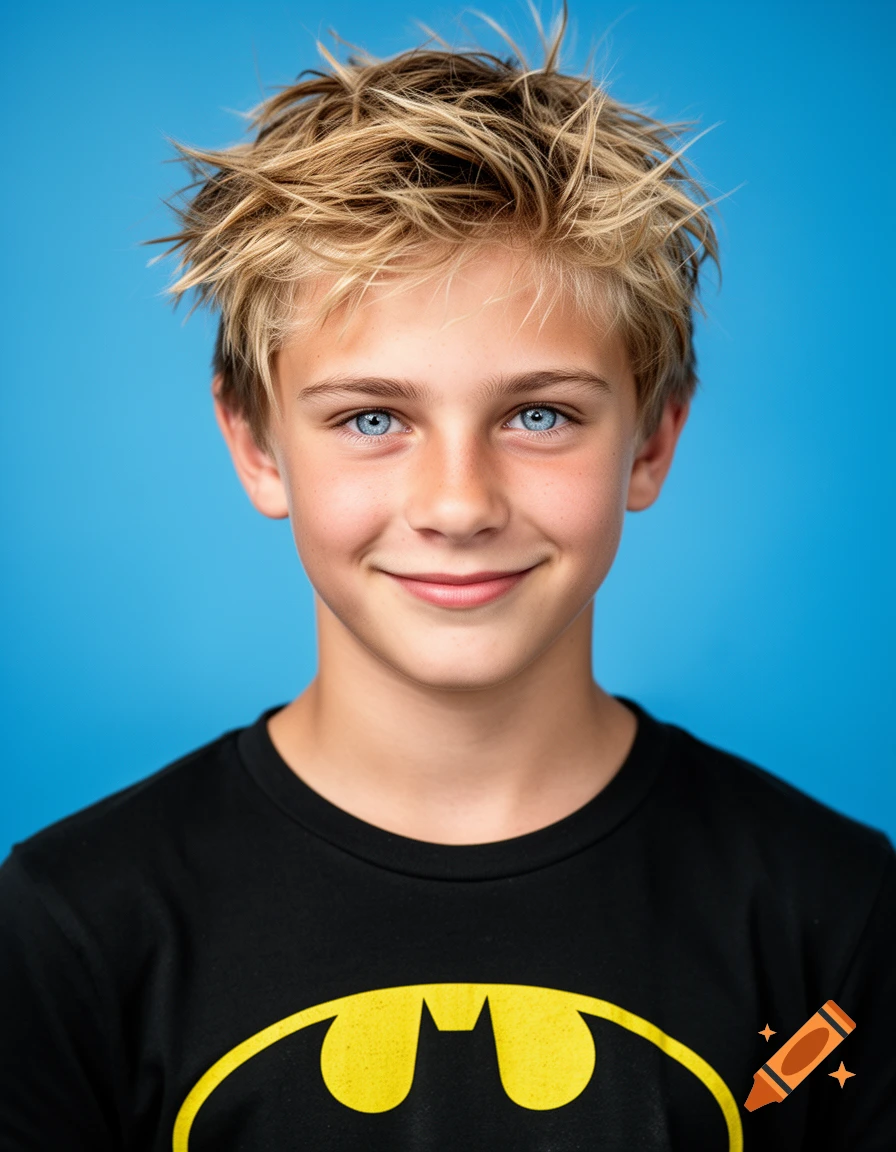 Photorealistic portrait of a fourteen-year-old boy with messy blond hair and bright blue eyes, wearing a black Batman-logo t-shirt against a blue background.
