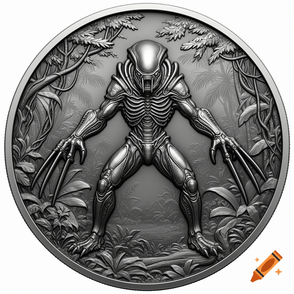 Bas relief silver coin design featuring a Xenomorph Alien in a jungle setting.