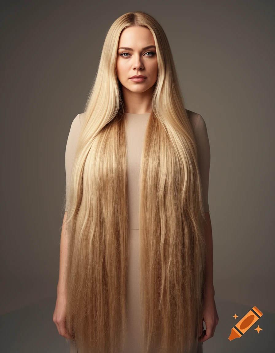 Photorealistic portrait of a woman with extremely long blonde hair, wearing a beige dress against a neutral background.