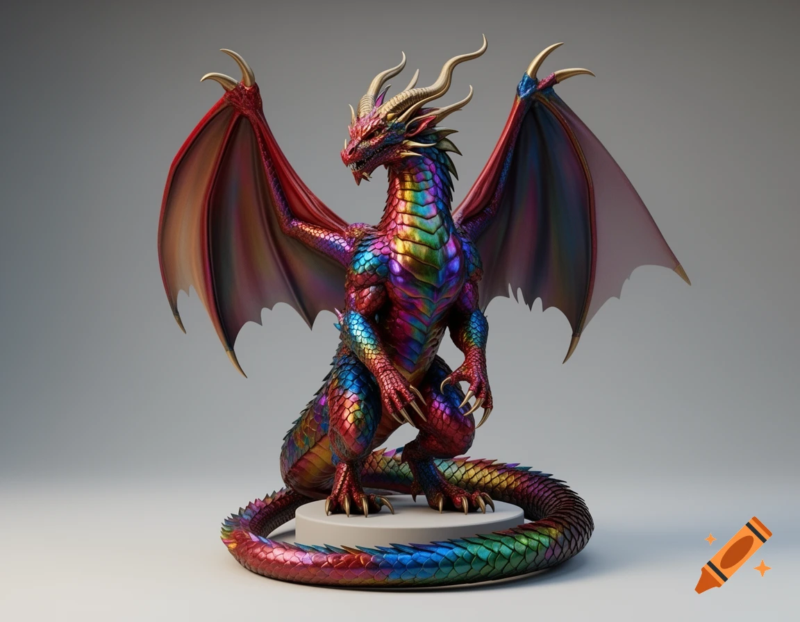 A detailed 3D model of a colorful iridescent dragon with rainbow scales and golden horns, standing on a round pedestal.