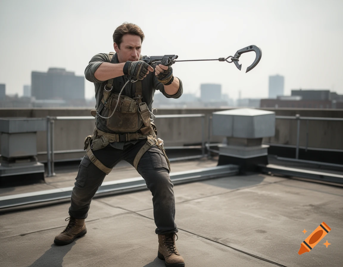 A photorealistic man in tactical gear standing on a rooftop, aiming a hookshot device.