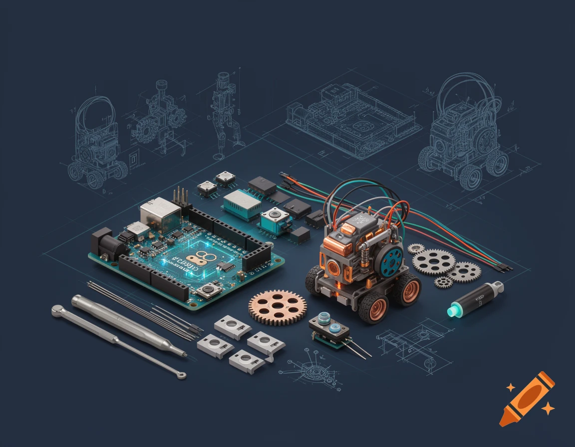 Isometric 3D render of a programmable circuit board, miniature robot, and electronic components on a blue background.