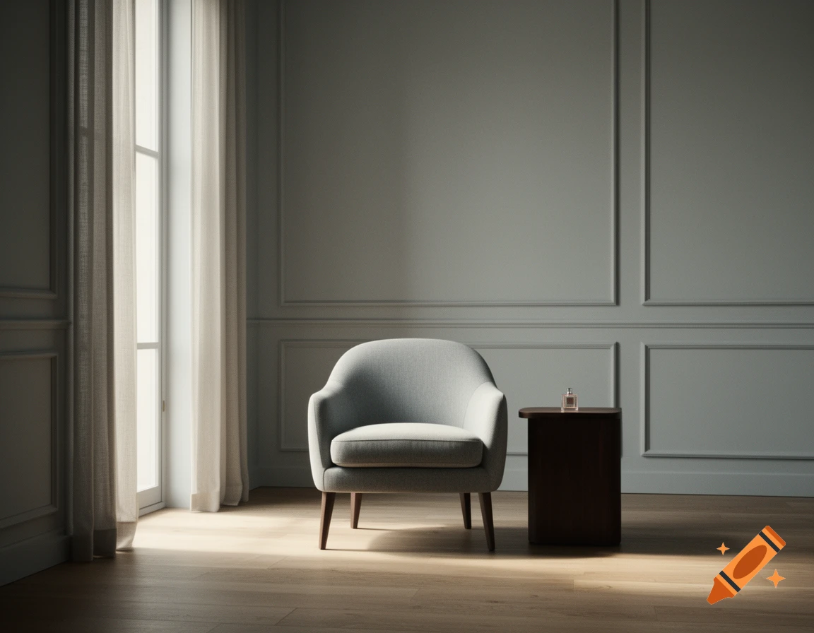 Photorealistic interior view of a contemporary room with a grey armchair, a small dark side table, and a tall window with sheer curtains.