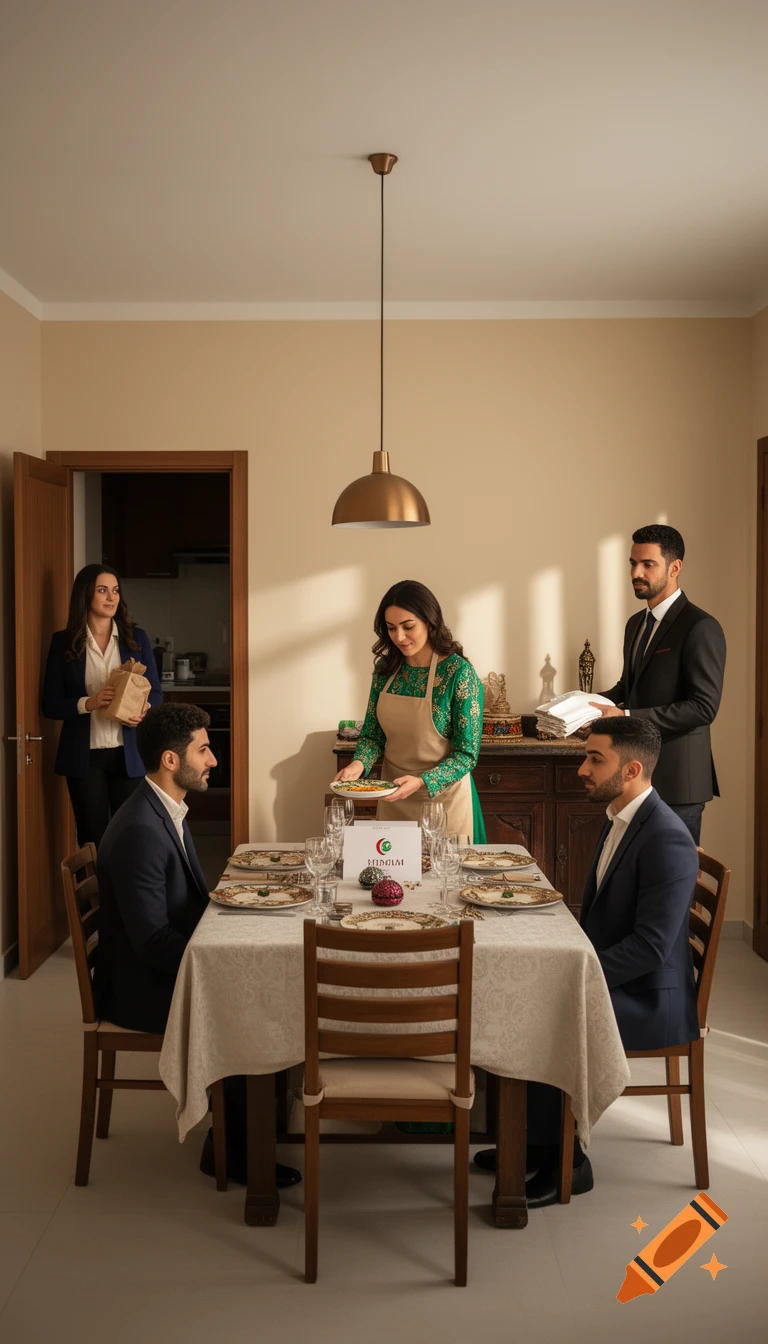 Photorealistic scene of four people in a contemporary dining room during a meal, with a woman serving food at the table.