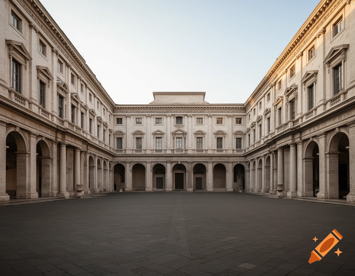Photorealistic image of a symmetrical Italian Renaissance courtyard with stone buildings and arches.