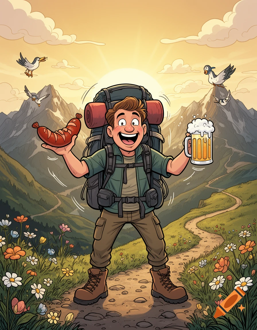 Comic style illustration of a cheerful male hiker with a backpack holding a sausage and a beer mug in a mountain landscape.
