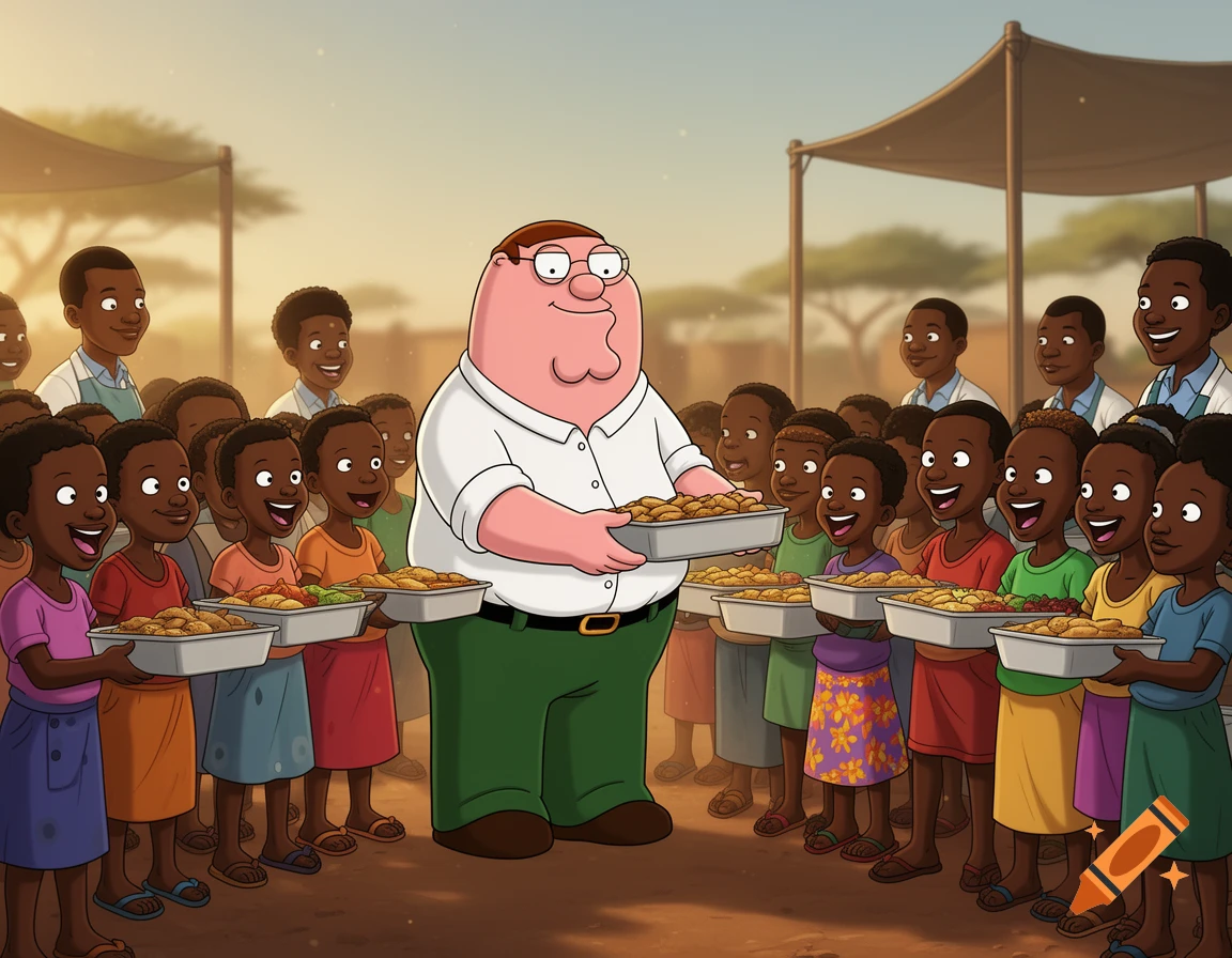 Animated illustration of Peter Griffin holding a tray of food, surrounded by children.