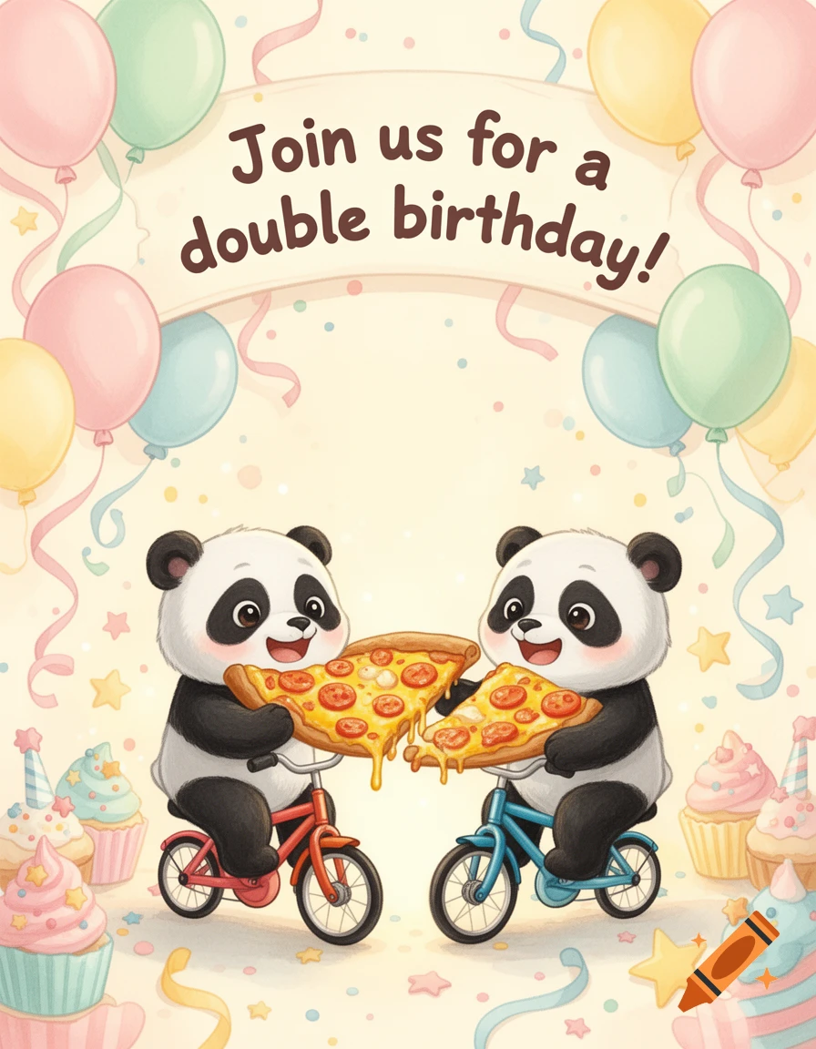 Illustration of two cute pandas riding small bicycles, eating pizza, surrounded by balloons and cupcakes, with a birthday banner.