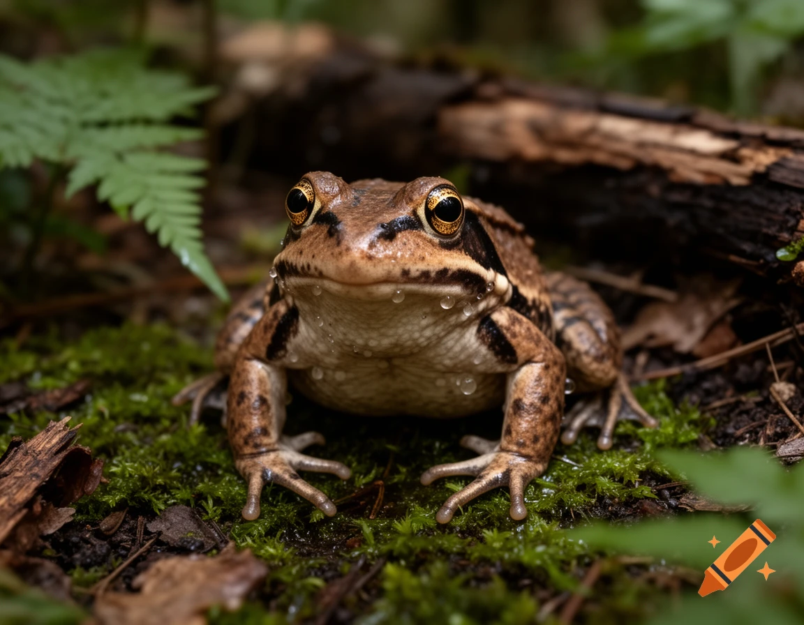 Close-up photorealistic image of a wood frog sitting on moss in a forest.