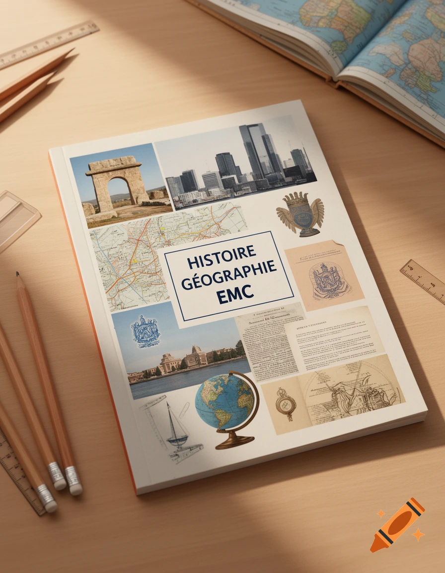 Photorealistic overhead view of an Histoire Géographie EMC textbook on a wooden desk surrounded by pencils, a ruler, and a map.