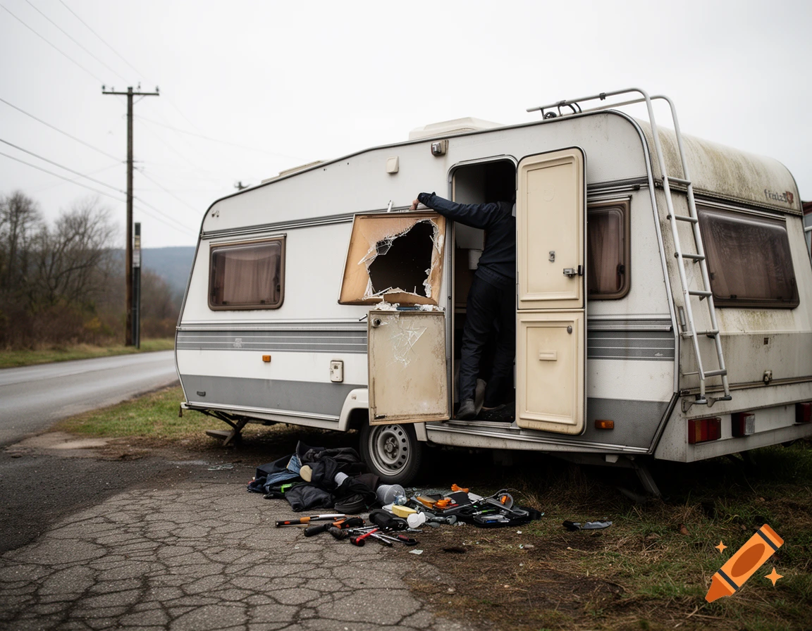 Photorealistic image of a vandalized white caravan parked on the side of a road with belongings scattered on the ground.