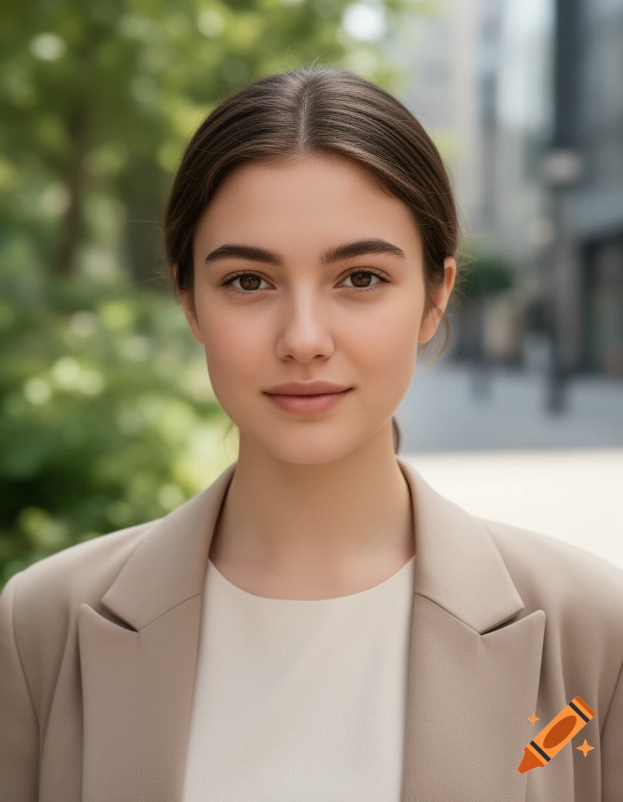 Photorealistic headshot portrait of a young woman with brown hair tied back, wearing a beige blazer and white top.
