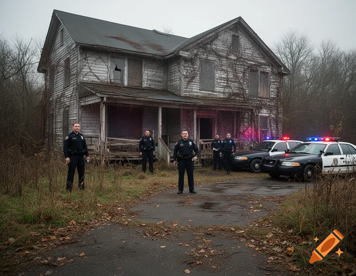 Photorealistic image of multiple police officers standing in front of an abandoned, weathered two-story house with police cars parked nearby.