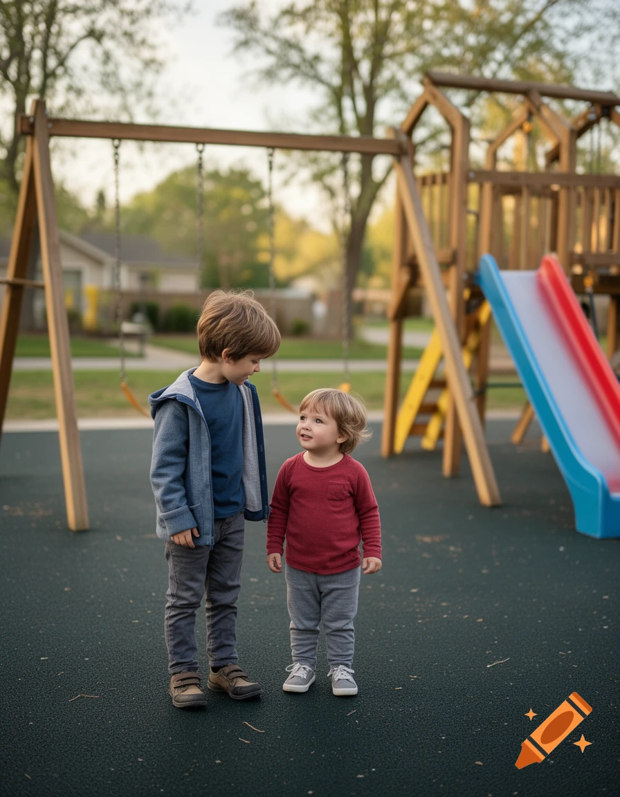 Photorealistic image of two young boys standing and looking at each other on a playground with a slide and swings in the background.