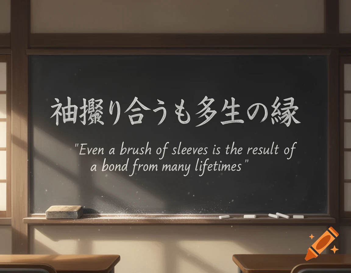 An anime-style chalkboard inside a classroom featuring Japanese kanji and English text reading 'Even a brush of sleeves is the result of a bond from many lifetimes'.
