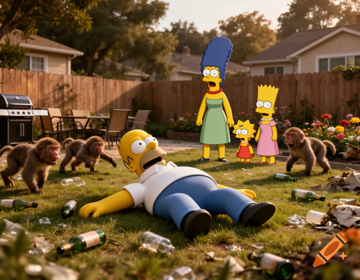 3D stylized Homer Simpson laying in a backyard surrounded by scattered bottles and monkeys, with Marge, Bart, Lisa, and Maggie watching.