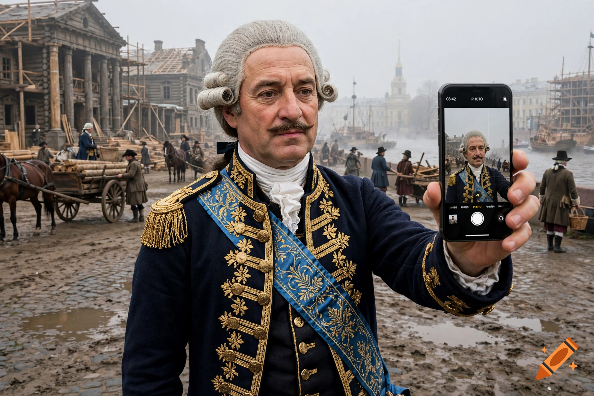 Photorealistic image of Peter the Great holding up a smartphone to take a selfie in historical St. Petersburg.
