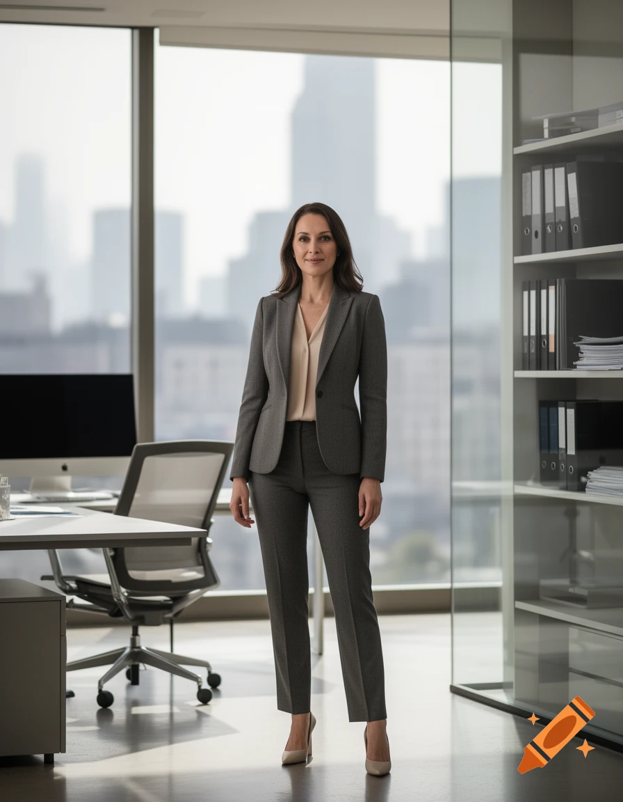 Photorealistic full-body portrait of a businesswoman in a grey suit standing in a modern office with a city view in the background.