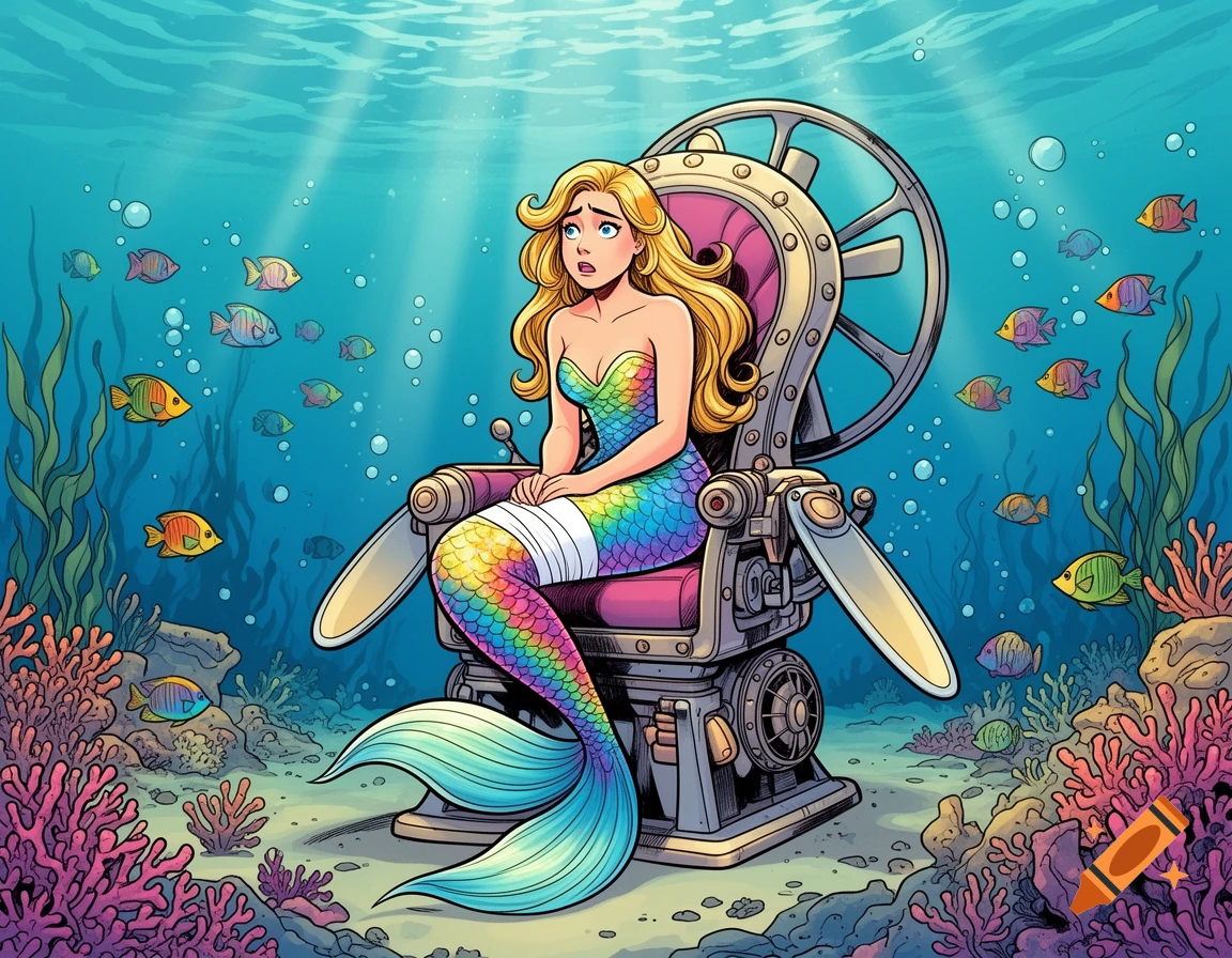 Comic-style illustration of a worried mermaid with rainbow scales sitting in an underwater submarine chair surrounded by colorful fish.