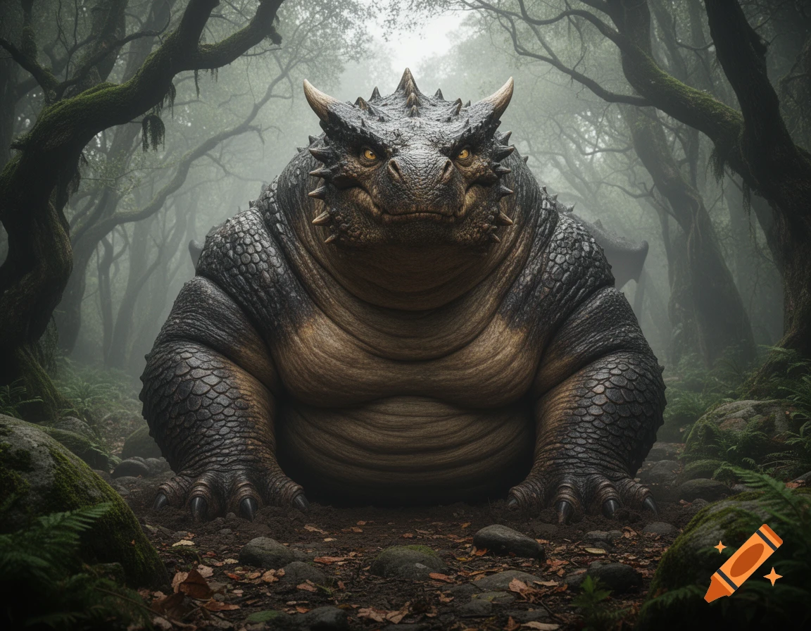 Photorealistic image of a very obese horned dragon sitting in a misty forest.