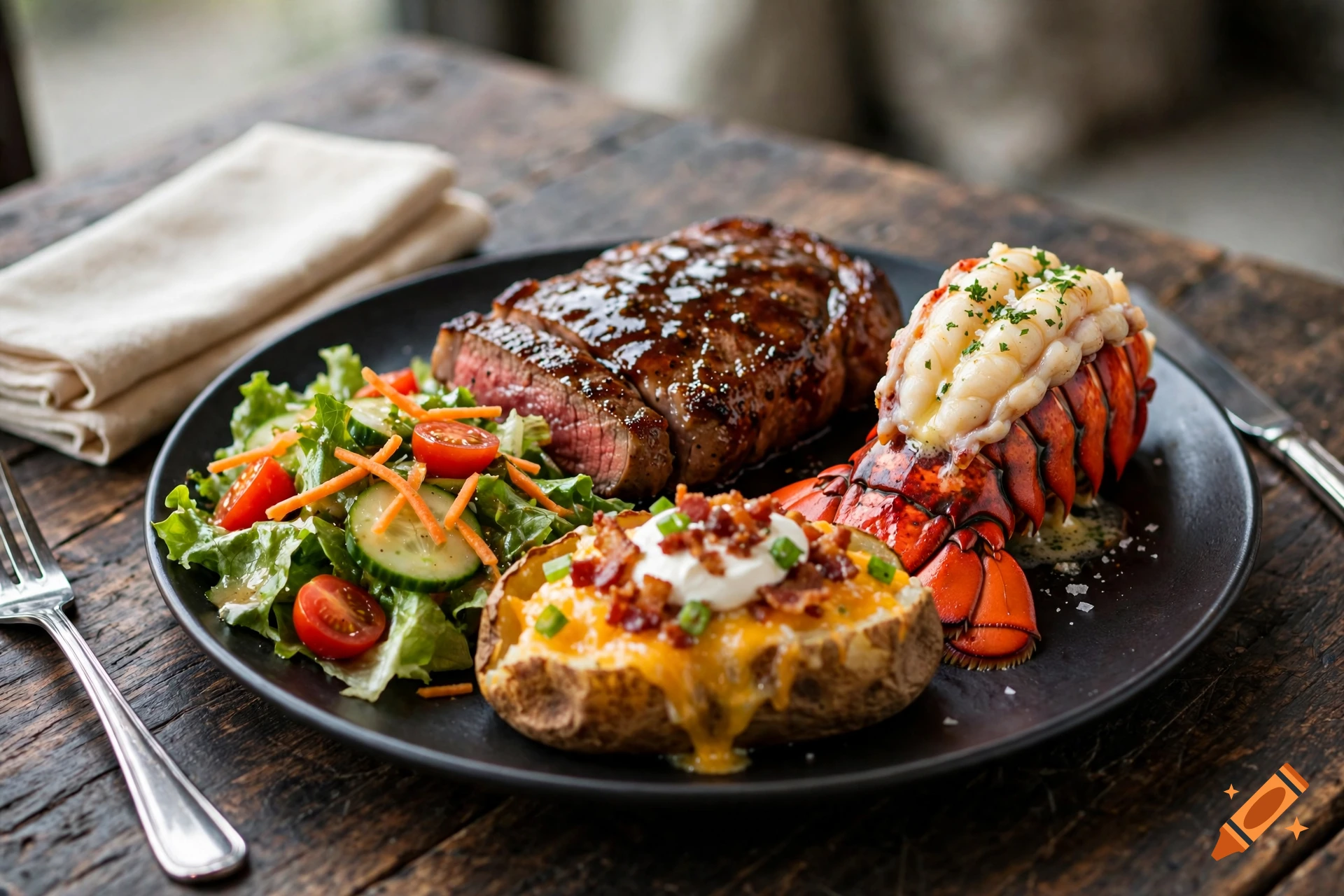 Photorealistic image of a glazed steak and lobster tail with a loaded baked potato and salad on a black plate.