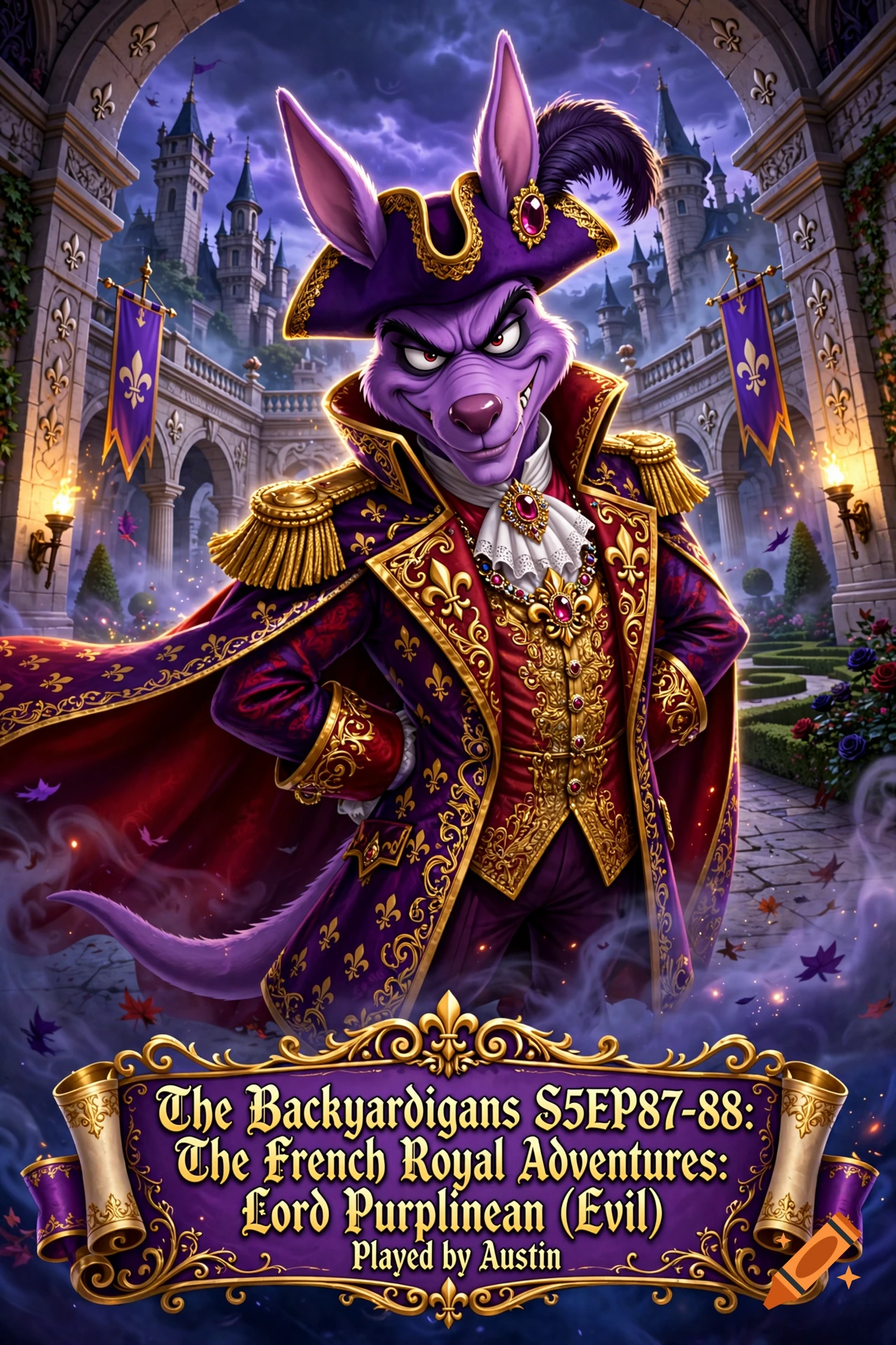 An evil purple kangaroo dressed in royal French attire, holding a scroll with text in front of a castle, digital illustration style.