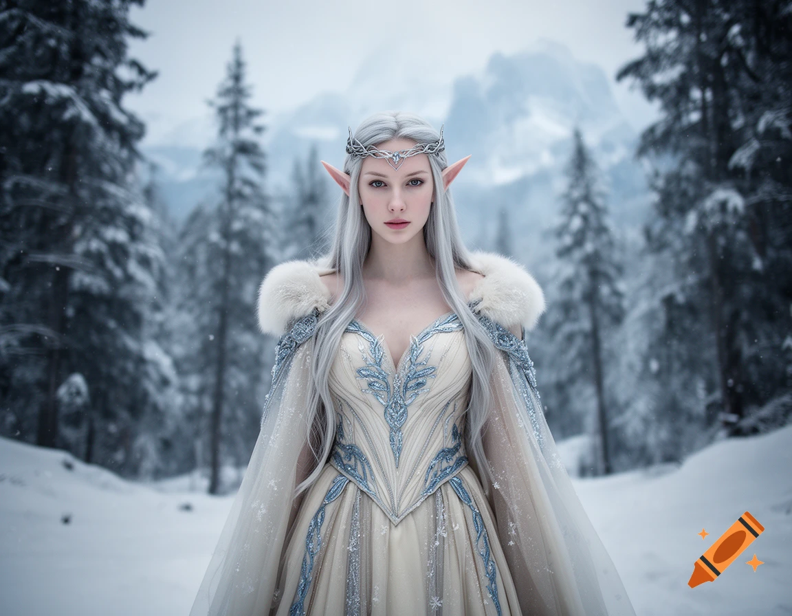 Photorealistic portrait of a snow elf princess with long silver hair, pointed ears, and a crystal tiara, wearing a fur-trimmed dress in a snowy forest.