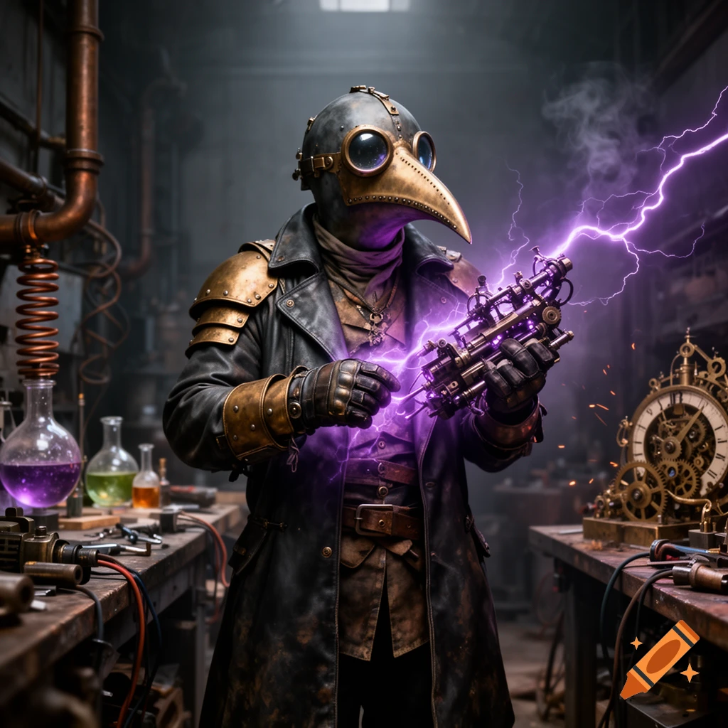 A steampunk plague doctor holding a device crackling with purple lightning in a workshop.