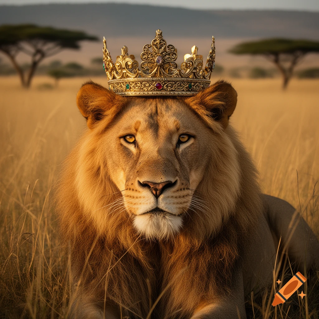 Photorealistic majestic lion wearing an ornate golden crown in an African savanna.