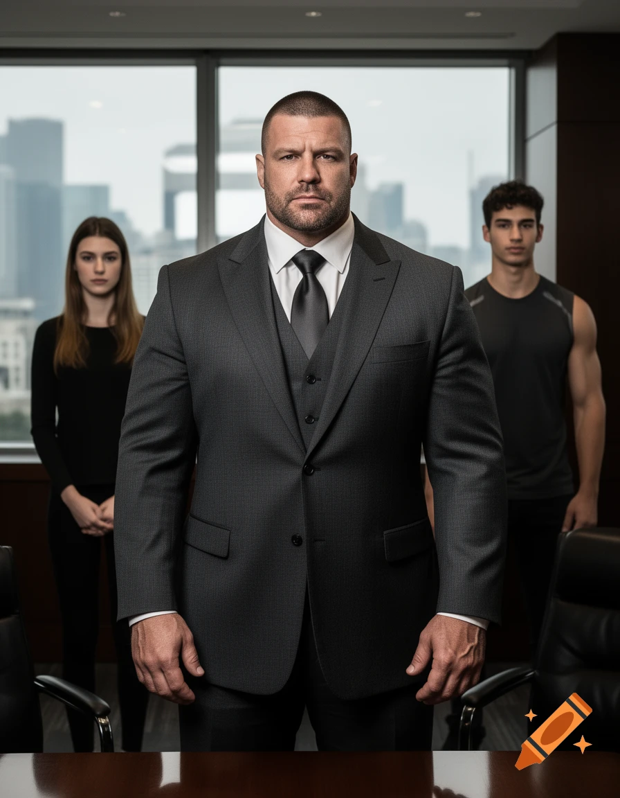 Photorealistic portrait of a muscular man in a three-piece suit standing in a boardroom with two younger people standing behind him.