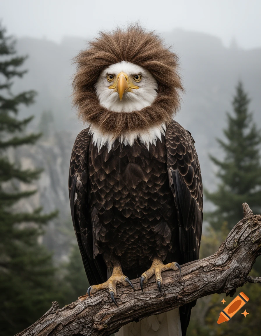 A photorealistic bald eagle perched on a tree branch, wearing a large, comical brown hairy wig.