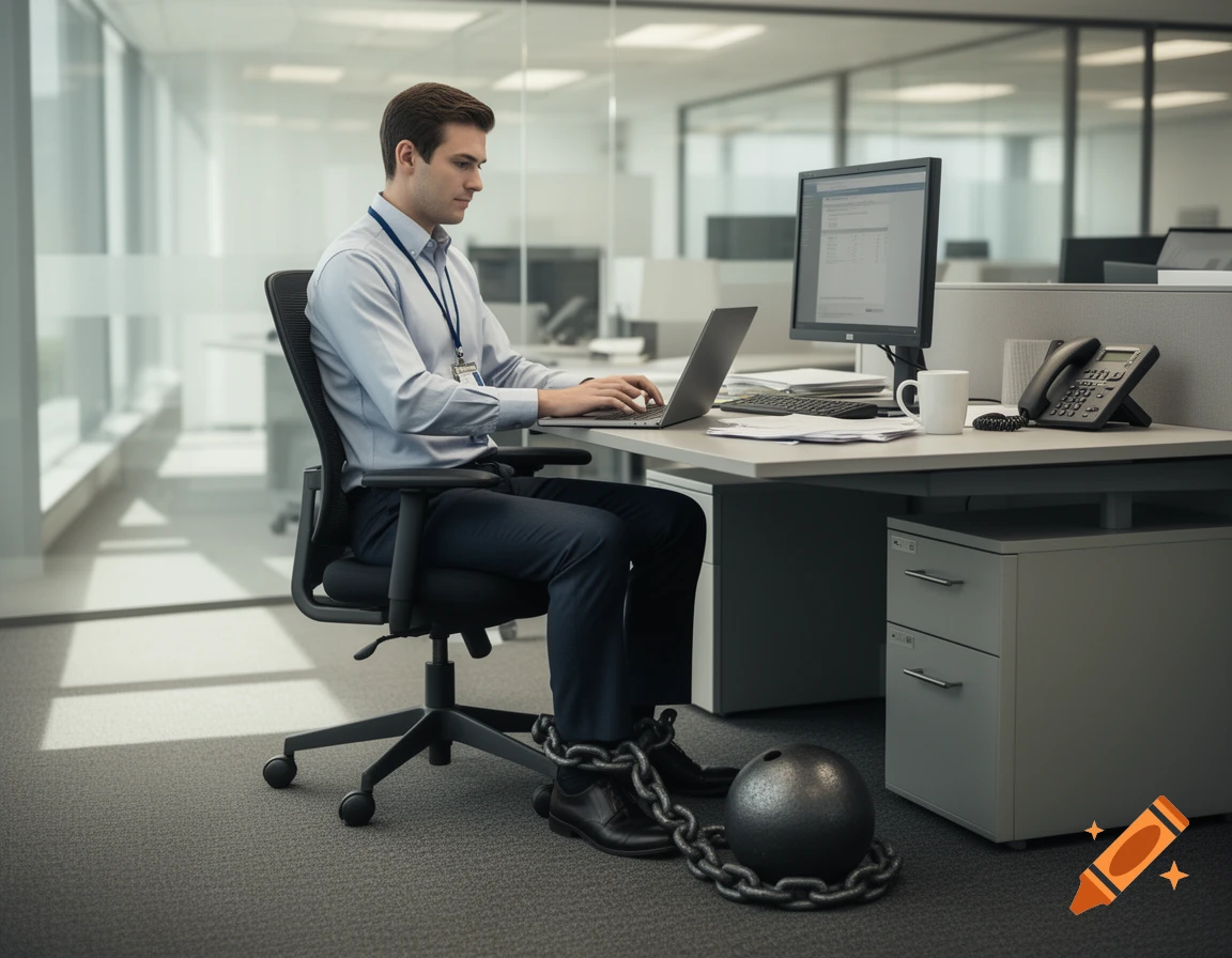 Photorealistic image of a businessman sitting at an office desk with a heavy iron ball and chain locked to his ankle.