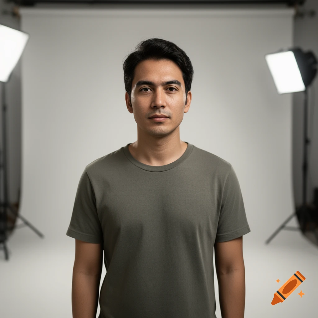 Photorealistic studio portrait of a young man with dark hair in a green t-shirt against a white background with lighting equipment.