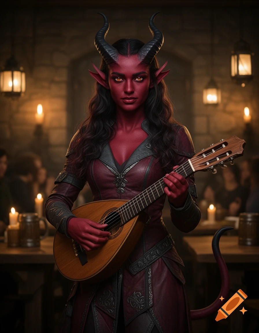 Photorealistic portrait of a female tiefling bard with red skin, horns, and dark hair, playing a lute in a tavern.
