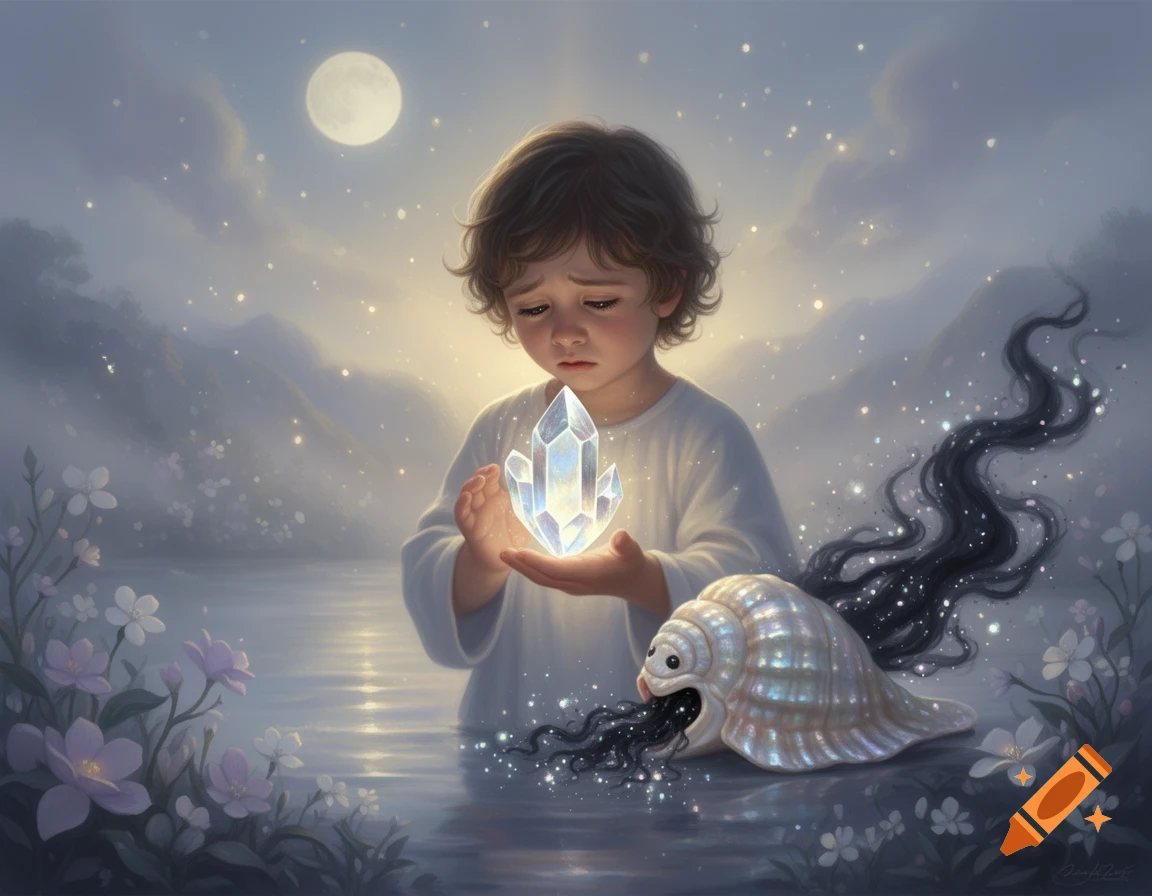 A sad child holding a glowing crystal in a lake at night, with a magical shell creature nearby emitting dark mist. Digital painting.
