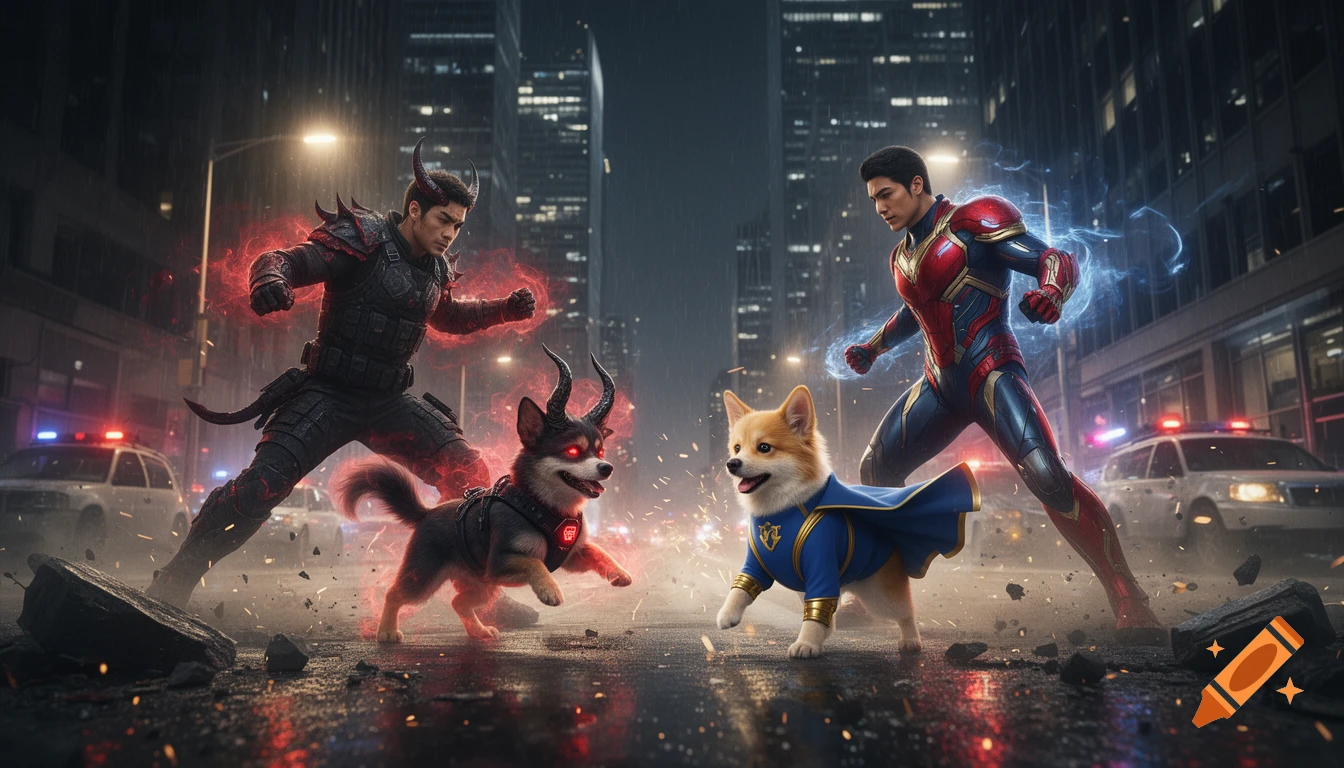 Cinematic shot of a man and his demon-horned dog facing off against a superhero man and his caped dog in a rainy city street.