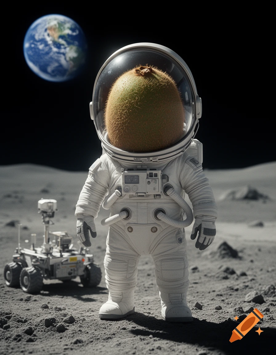 Photorealistic image of a kiwi fruit wearing a spacesuit standing on the moon with a rover and Earth in the background.