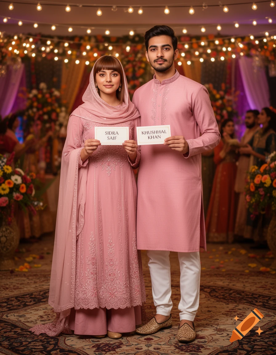 Photorealistic image of a South Asian couple in matching pink traditional attire holding name cards at a festive event.