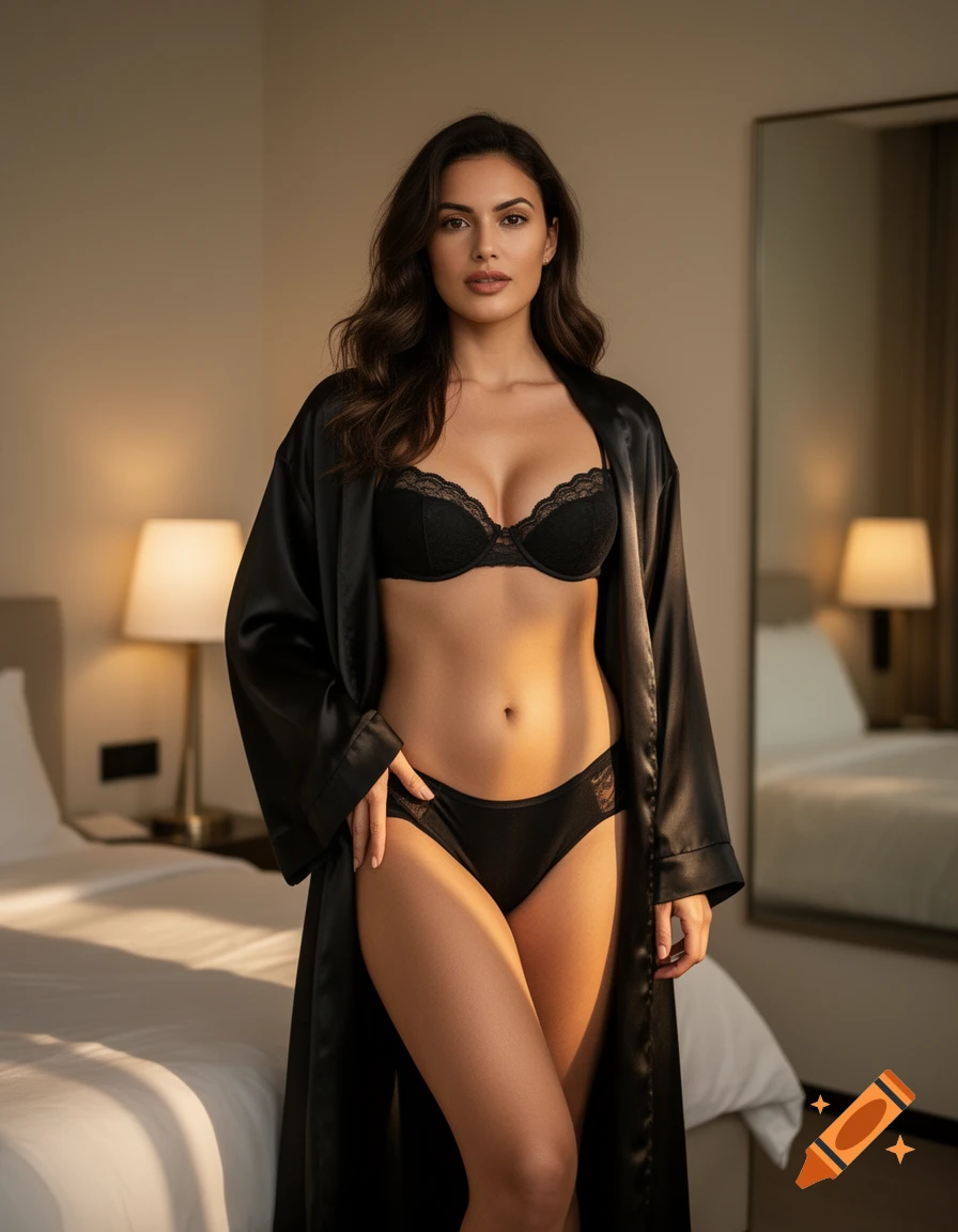 Photorealistic portrait of a woman in black lingerie and a satin robe standing in a modern hotel bedroom.