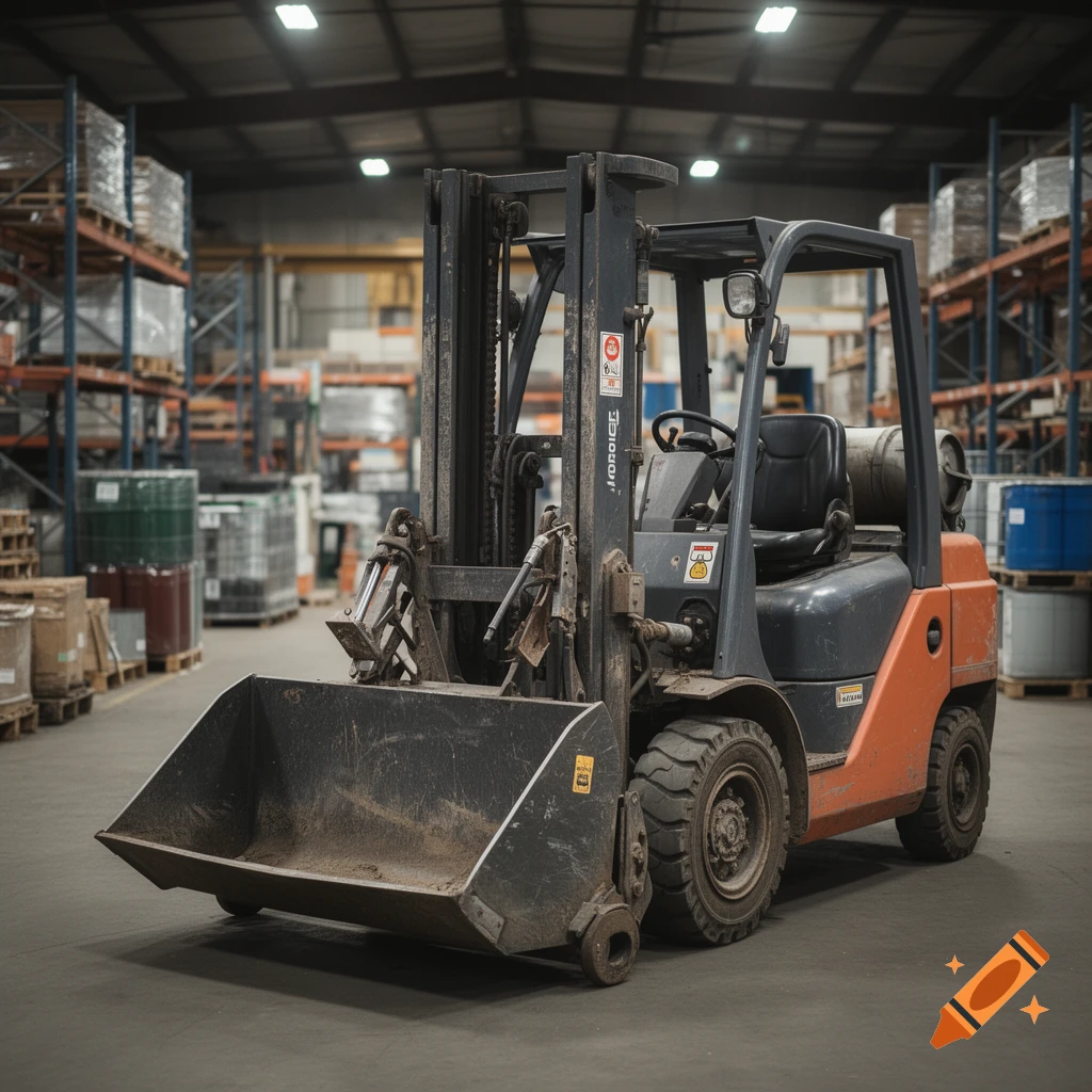 Photorealistic image of a forklift with a large bucket attachment instead of forks, parked inside a large warehouse.