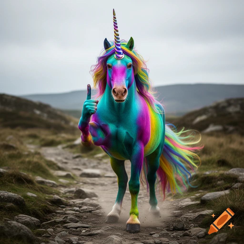 A colorful, vibrant unicorn with a rainbow mane and horn walking on a rocky path and giving a thumbs up, photorealistic style.