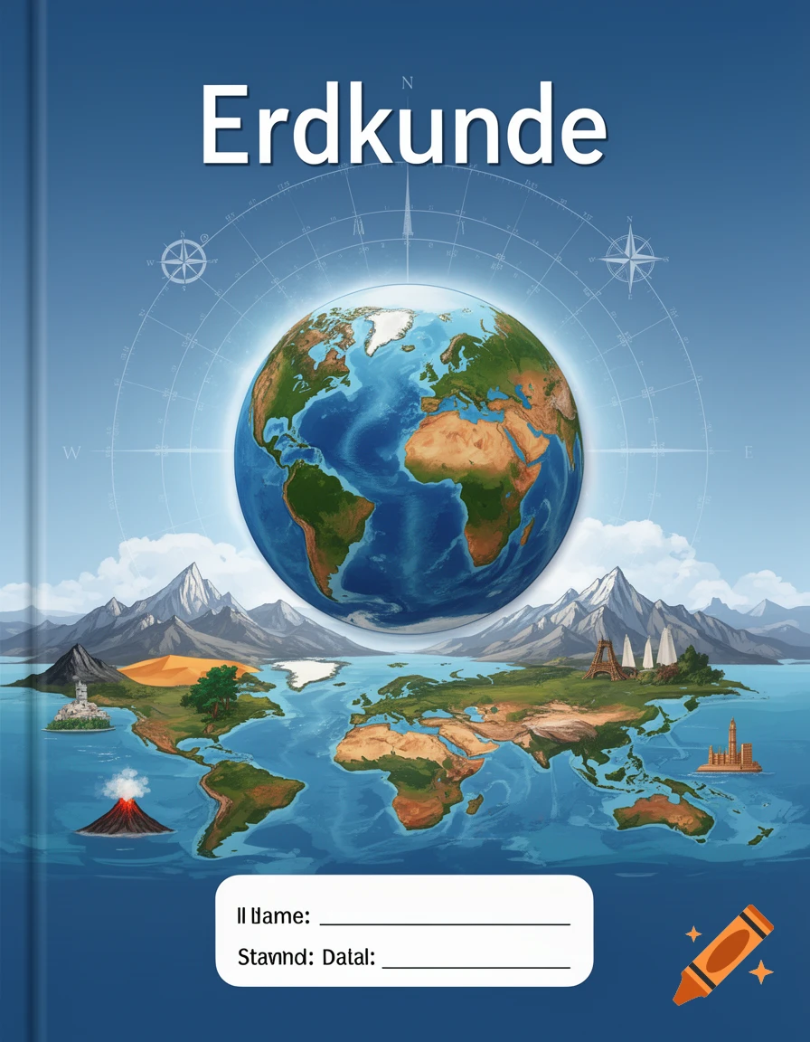 Geography textbook cover featuring a globe, world map, and miscellaneous landmarks with German title Erdkunde.